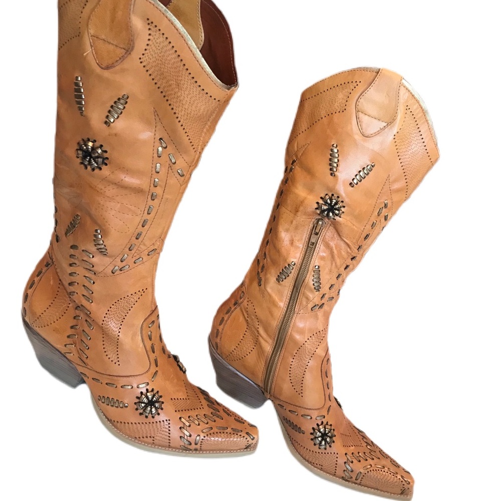 BCBG Girls Embellished Metallic Brown Leather Tall Cowboy Boots Zipper 7B